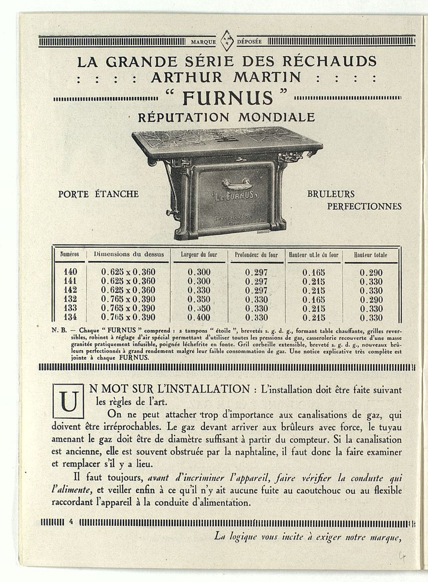 Vue de la page de l'album de 1928 montrant le réchaud « Le Furnus »
